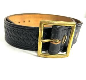 Triple K Black Basketweave Embossed Leather Brass Buckle Western Belt Size 32